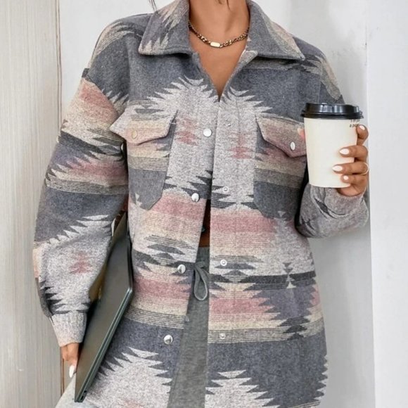 Geo Aztec Print Flap Pocket Overcoat Shacket jacket Casual Western - Picture 4 of 7